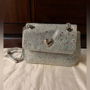 Betsey Johnson Shine Art Rhinestone Silver Heart Crossbody or Shoulder Bag